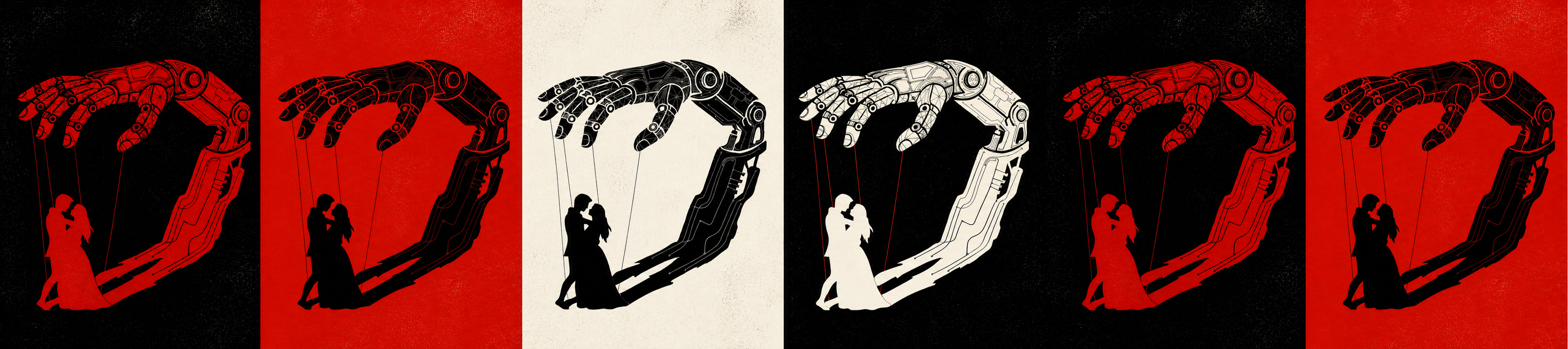 Franja de sis il·lustracions pop de la mà robòtica de Neoluddisme en vermell, blanc i negre